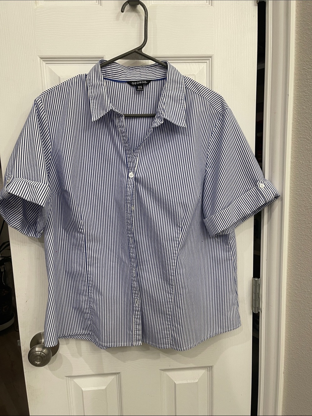 George Blue and White Striped Short-Sleeve Button-Up Blouse